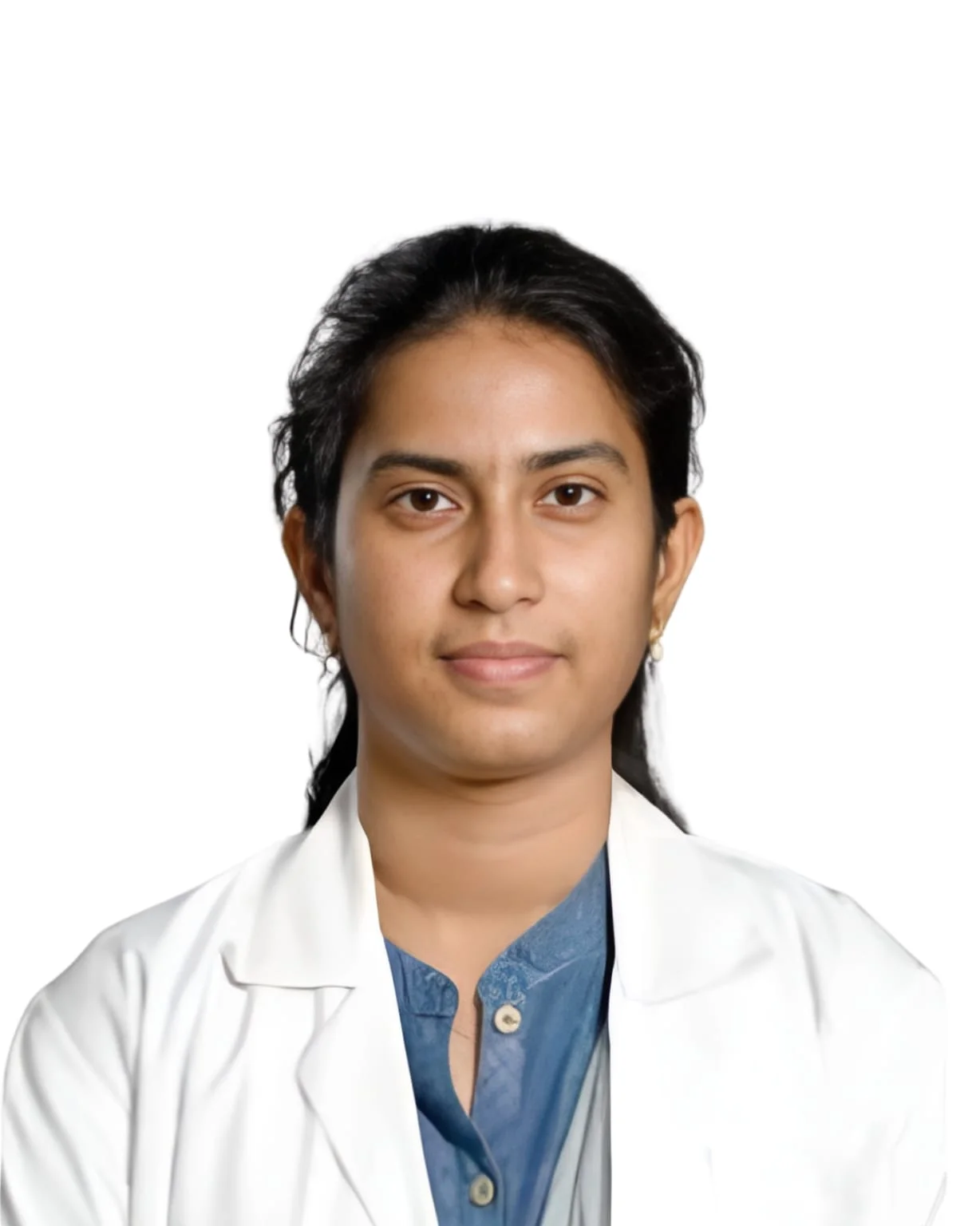 Dr. Mounisha, MBBS MS OBGYN, smiling in her white coat